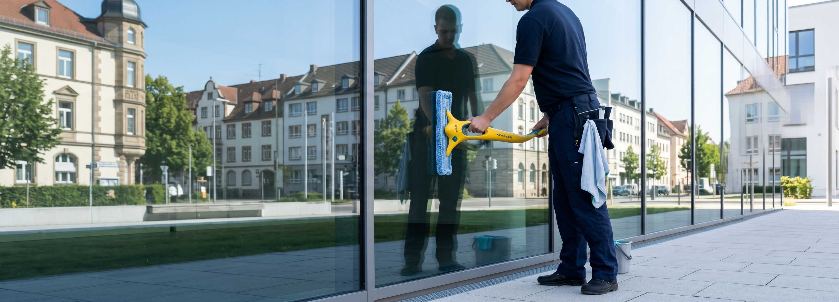 Fensterreiniger zieht eine streifenfreie Bahn an einer spiegelnden modernen Glasfassade