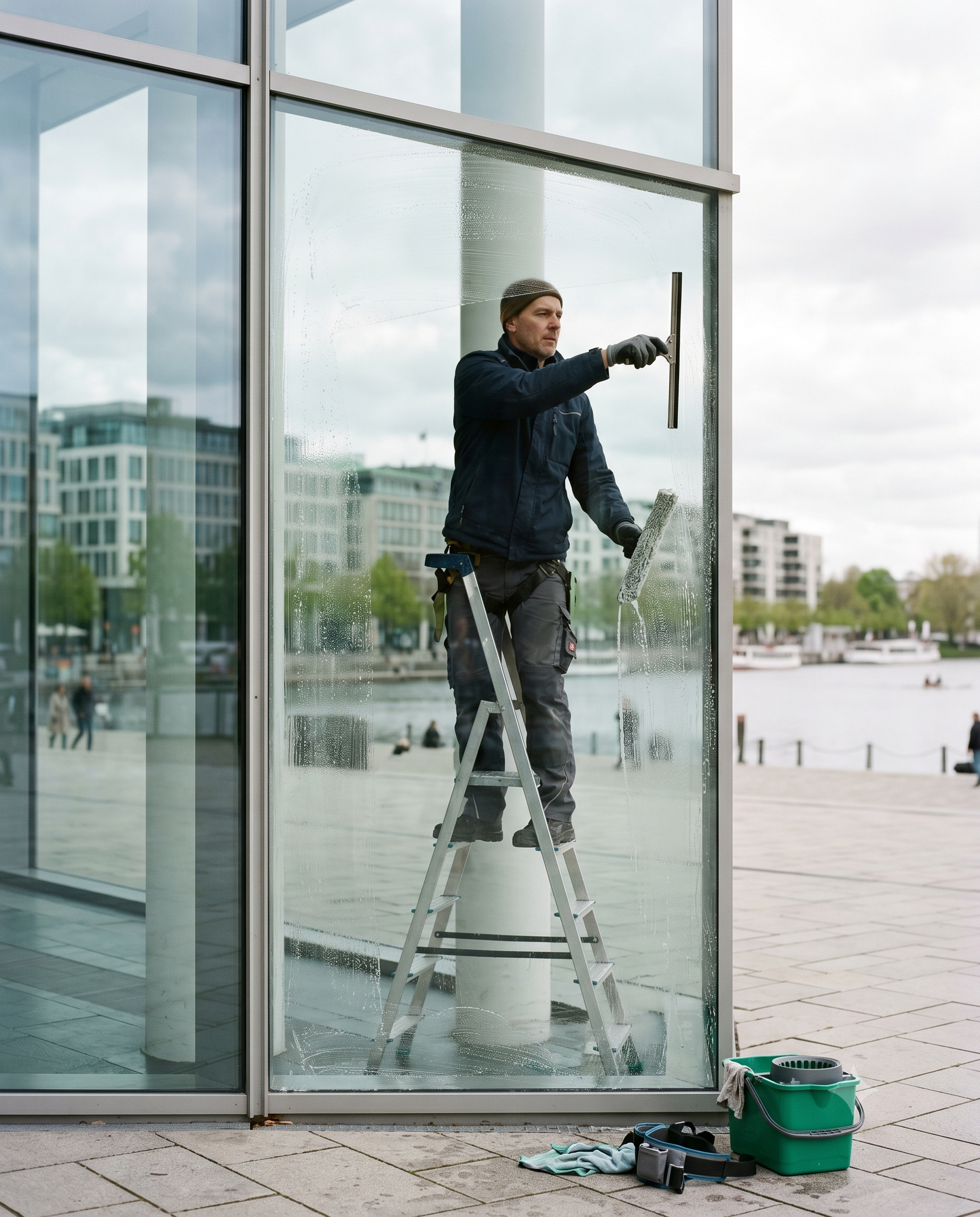 Professioneller Gebäudereiniger reinigt mit dem Fensterabzieher eine große Glasscheibe